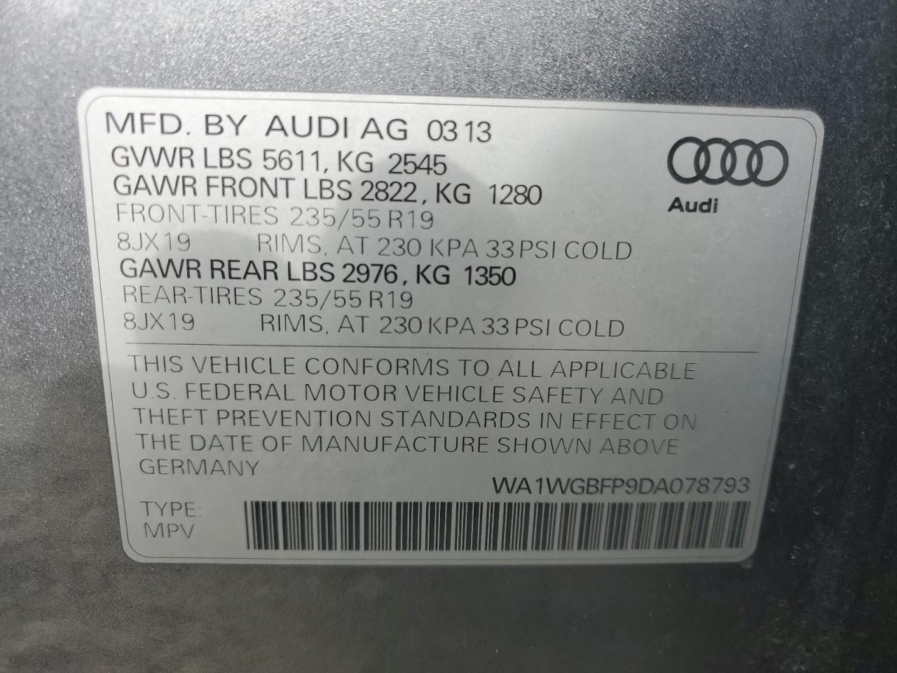 2013 Audi Q5 VIN WA1WGBFP9DA078793 Copart auction photo, front end / mechanical damage thumbnail 15
