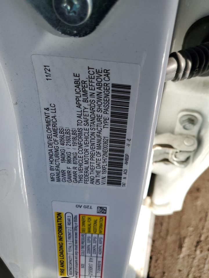2022 Honda Civic VIN 19XFL1H72NE003621 Copart auction photo, front end damage thumbnail 14
