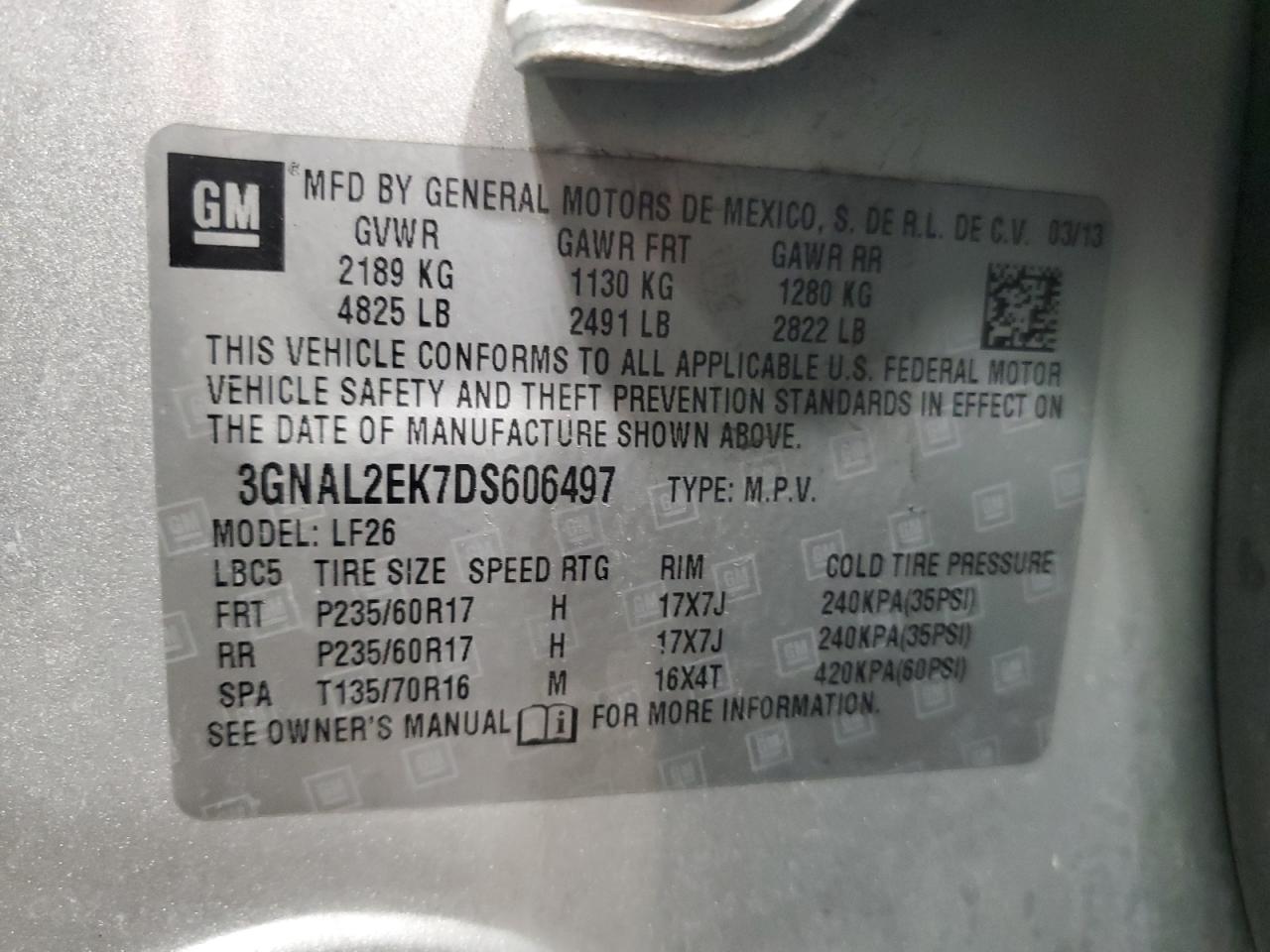 2013 Chevrolet Captiva VIN 3GNAL2EK7DS606497 Copart auction photo, front end damage thumbnail 13