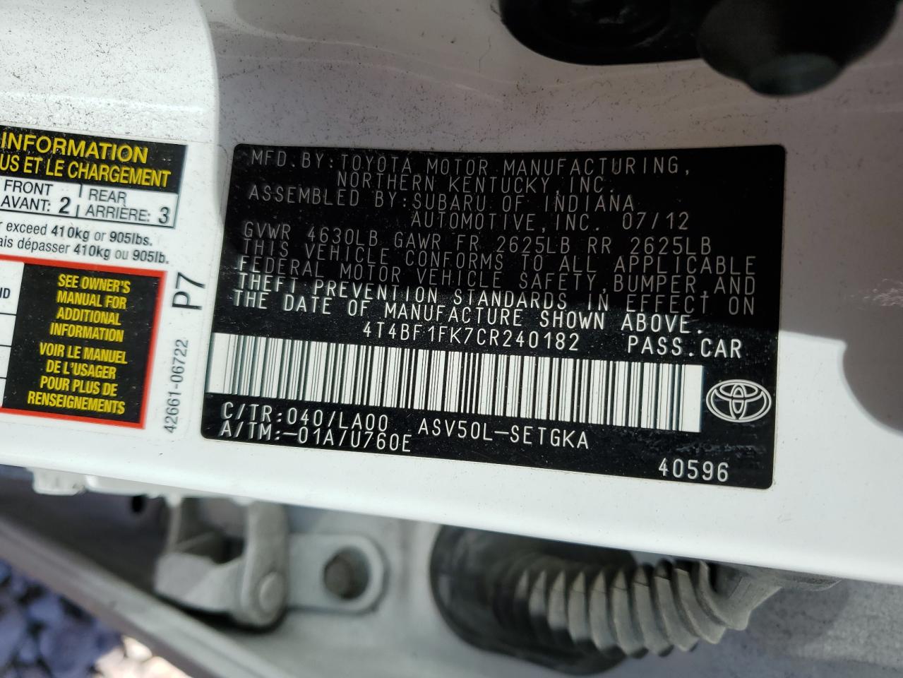 2012 Toyota Camry VIN 4T4BF1FK7CR240182 Copart auction photo, front end damage thumbnail 12