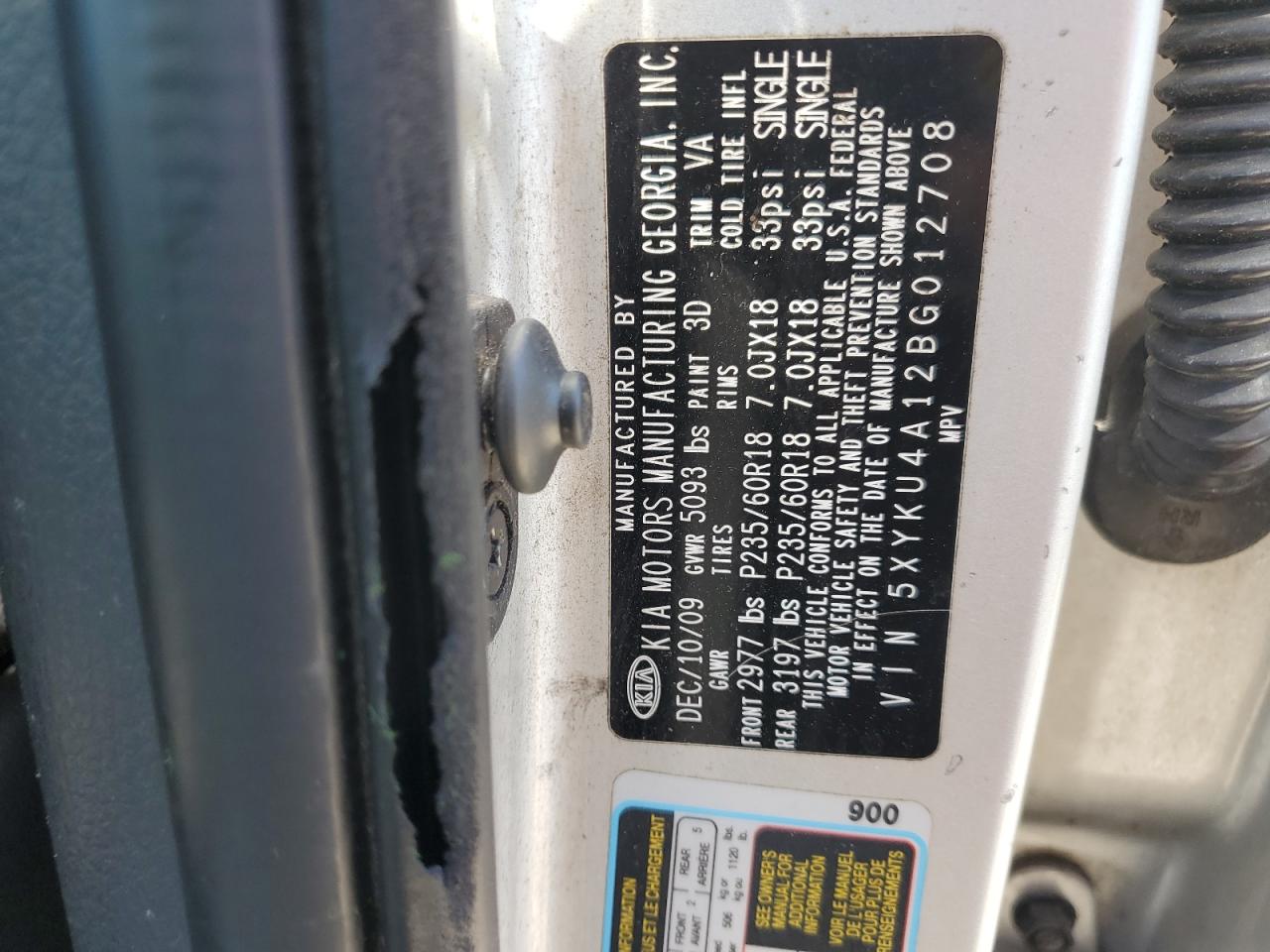2011 KIA Sorento VIN 5XYKU4A12BG012708 Copart auction photo, front end damage thumbnail 13