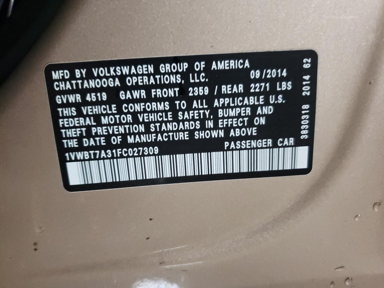 2015 Volkswagen Passat VIN 1VWBT7A31FC027309 Copart auction photo, rear end / side damage thumbnail 12