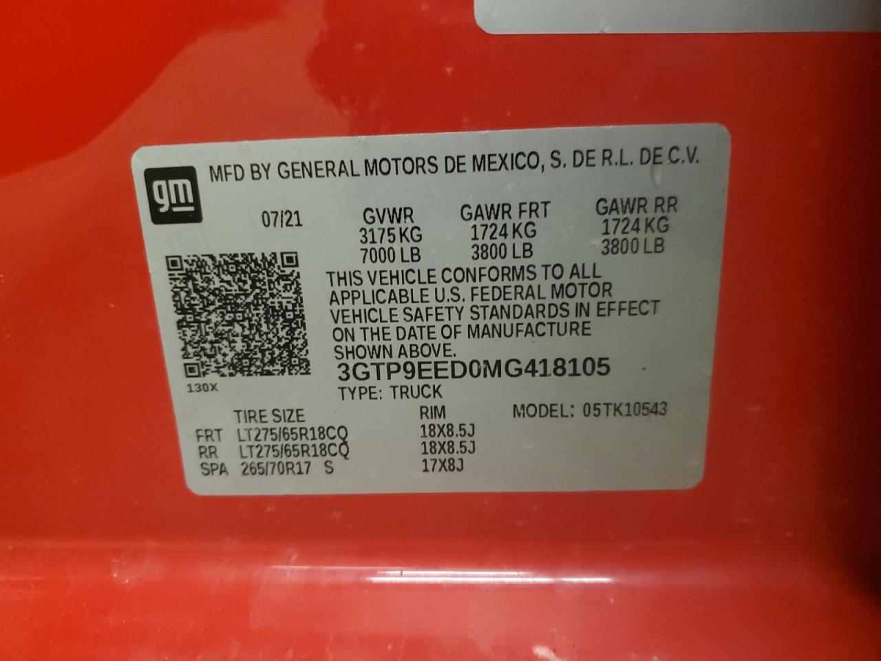 2021 GMC Sierra VIN 3GTP9EED0MG418105 Copart auction photo, front end damage thumbnail 12