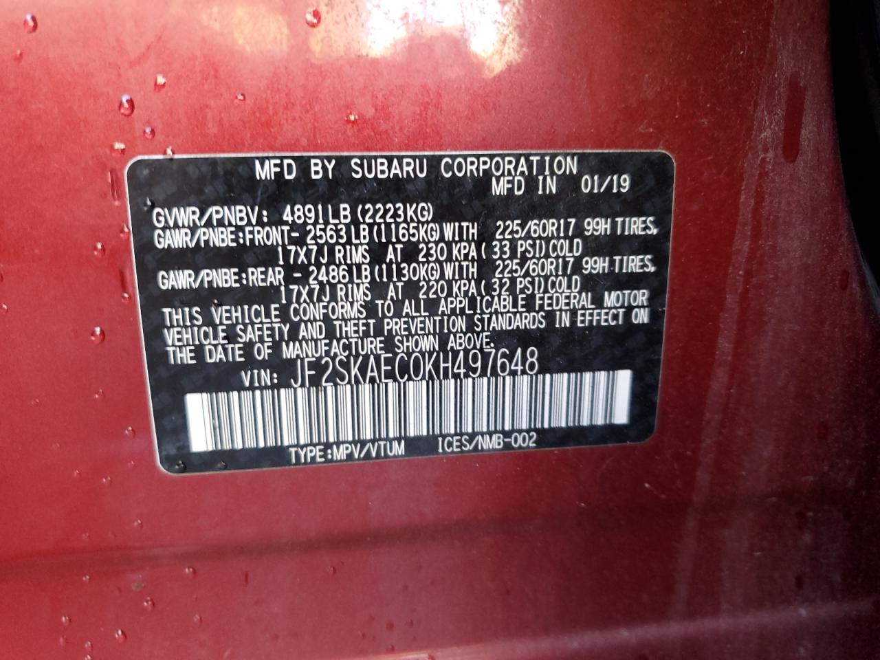 2019 Subaru Forester VIN JF2SKAEC0KH497648 Copart auction photo, hail damage thumbnail 13