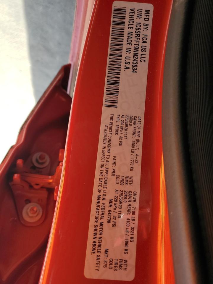 2022 RAM 1500 VIN 1C6SRFFT9NN243634 Copart auction photo, side damage thumbnail 12