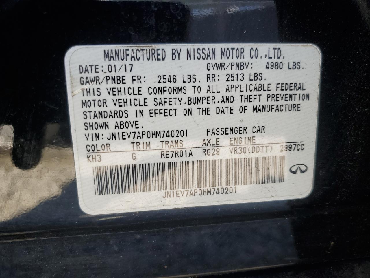 2017 Infiniti Q50 VIN JN1EV7AP0HM740201 Copart auction photo, vandalism damage thumbnail 12