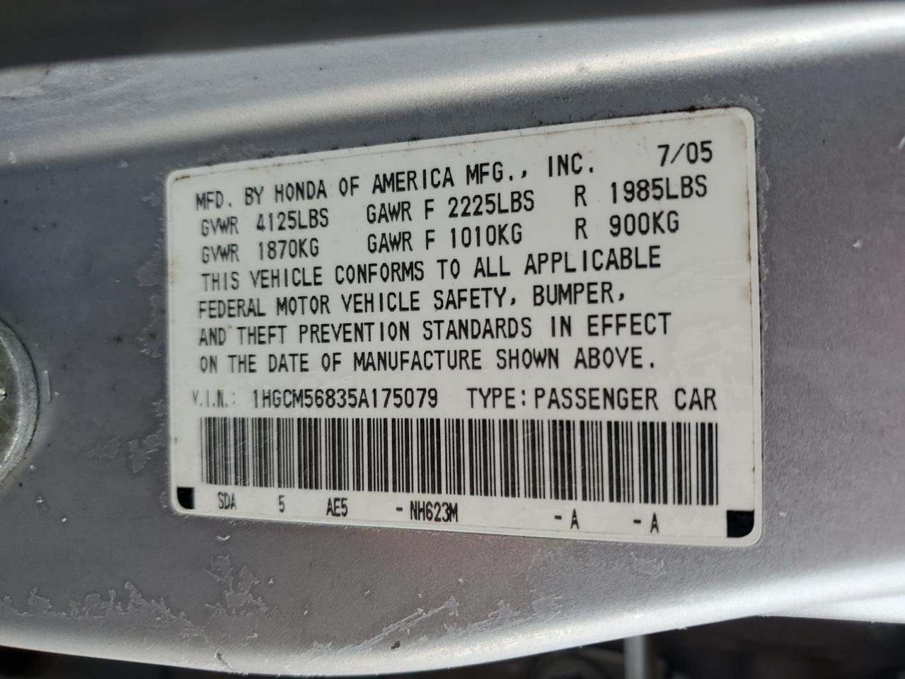 2005 Honda Accord VIN 1HGCM56835A175079 Copart auction photo, front end damage thumbnail 14