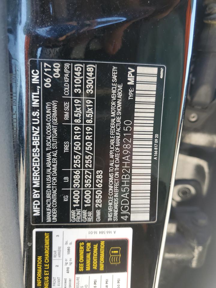 2017 Mercedes-Benz GLE VIN 4JGDA5HB2HA982150 Copart auction photo, rear end / minor dent/scratches damage thumbnail 13