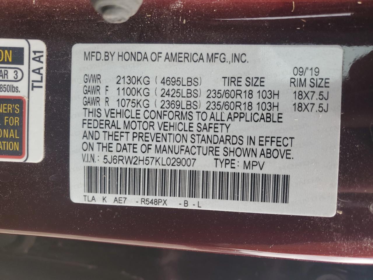 2019 Honda CR-V VIN 5J6RW2H57KL029007 Copart auction photo, front end damage thumbnail 15