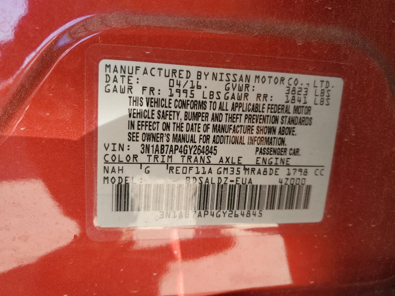 2016 Nissan Sentra VIN 3N1AB7AP4GY264845 Copart auction photo, front end / side damage thumbnail 13