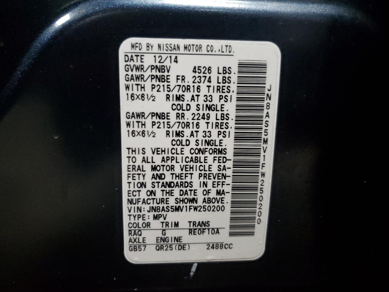 2015 Nissan Rogue VIN JN8AS5MV1FW250200 Copart auction photo, side / all over damage thumbnail 13