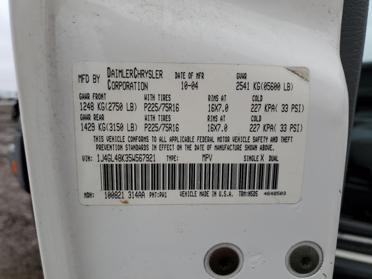 2005 Jeep Liberty (North America) VIN 1J4GL48K35W567921 Copart auction photo, front end / top/roof damage thumbnail 15