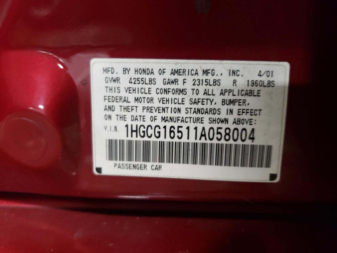 2001 Honda Accord VIN 1HGCG16511A058004 Copart auction photo, front end damage thumbnail 12