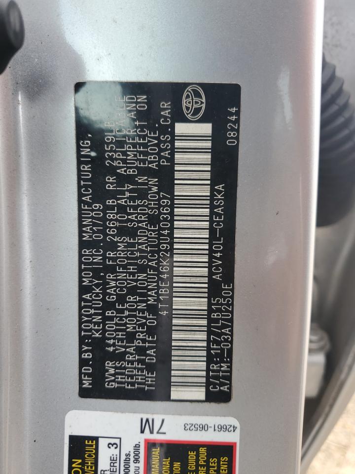 2009 Toyota Camry VIN 4T1BE46K29U403697 Copart auction photo, rear end damage thumbnail 14