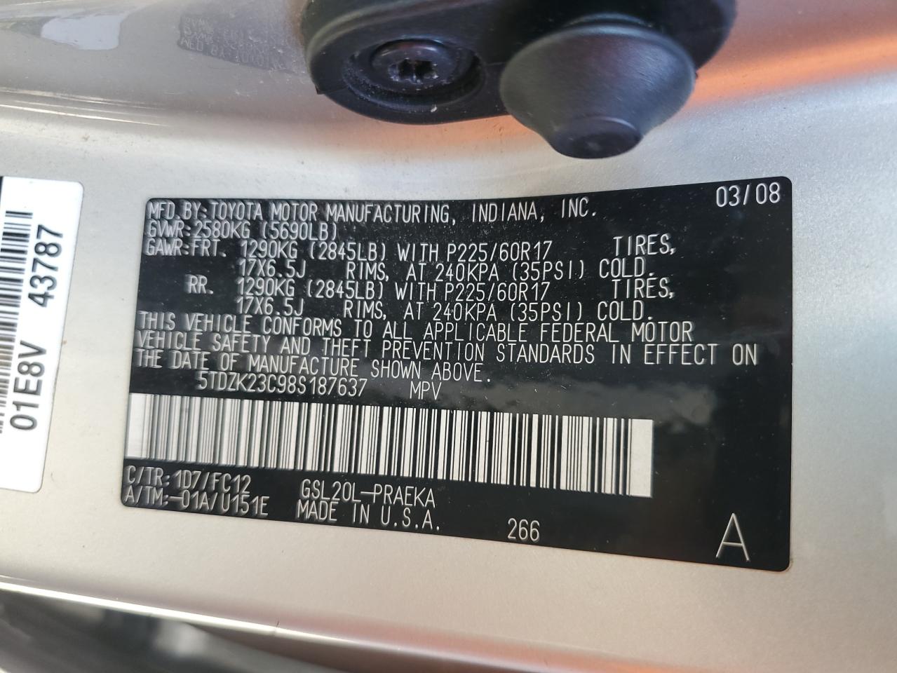 2008 Toyota Sienna VIN 5TDZK23C98S187637 Copart auction photo, side / minor dent/scratches damage thumbnail 13