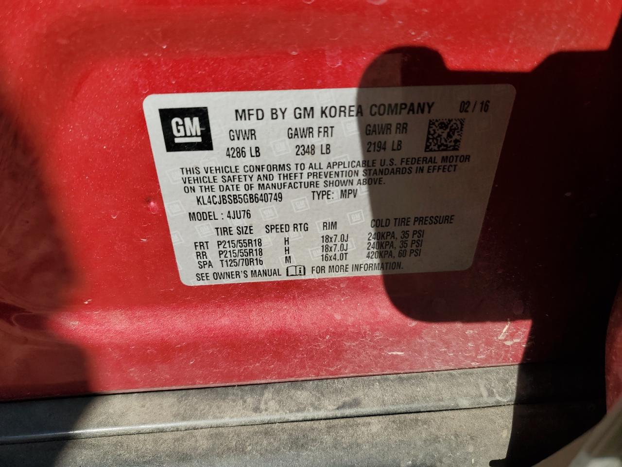 2016 Buick Encore VIN KL4CJBSB5GB640749 Copart auction photo, rollover damage thumbnail 14