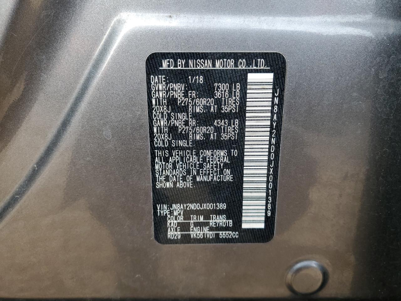 2018 Nissan Armada VIN JN8AY2ND0JX001389 Copart auction photo, rear end damage thumbnail 15