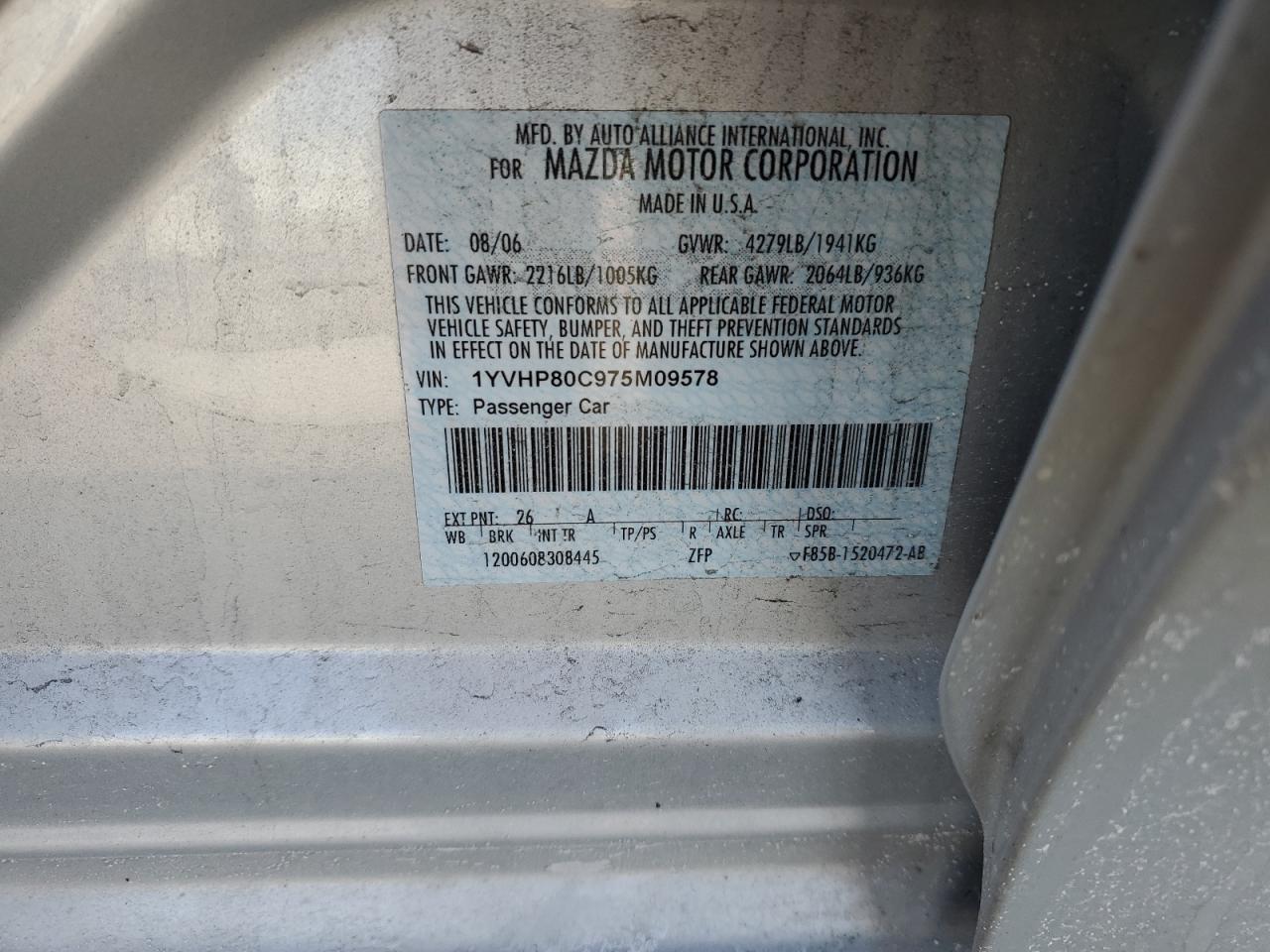 2007 Mazda 6 VIN 1YVHP80C975M09578 Copart auction photo, front end damage thumbnail 12