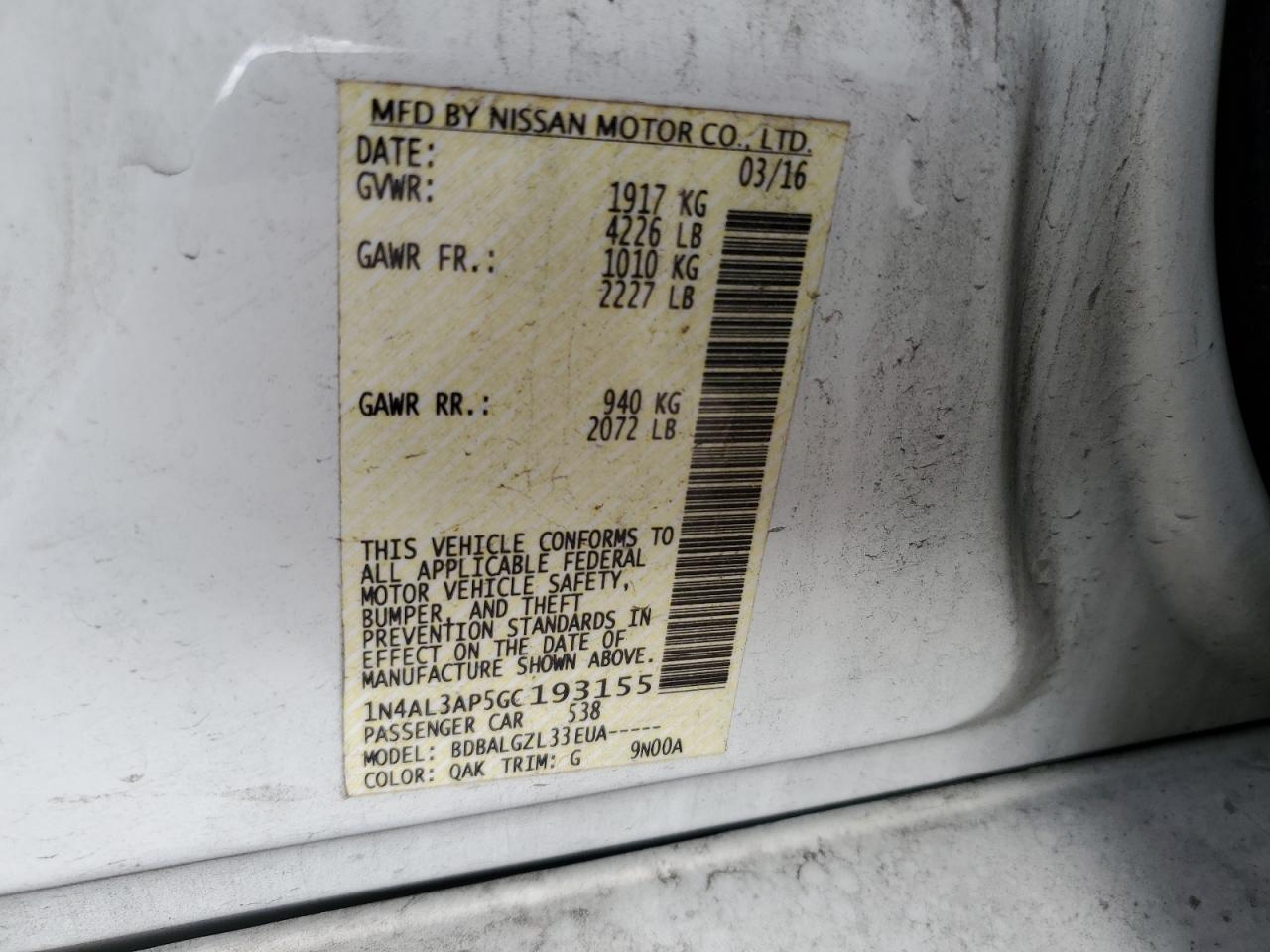2016 Nissan Altima VIN 1N4AL3AP5GC193155 Copart auction photo, front end / rear end damage thumbnail 13