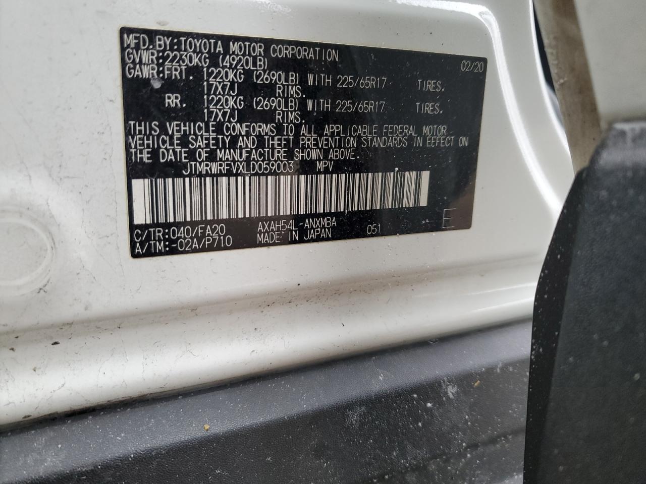 2020 Toyota RAV 4 VIN JTMRWRFVXLD059003 Copart auction photo, rear end / minor dent/scratches damage thumbnail 15