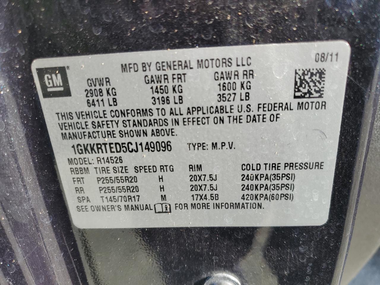 2012 GMC Acadia VIN 1GKKRTED5CJ149096 Copart auction photo, minor dent/scratches damage thumbnail 13