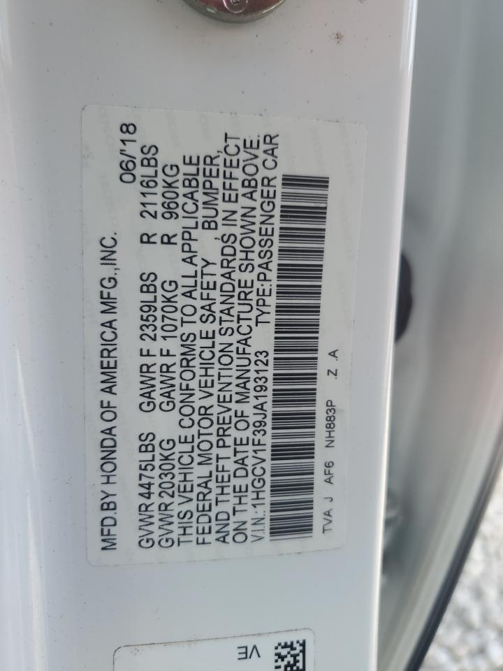 2018 Honda Accord VIN 1HGCV1F39JA193123 Copart auction photo, side damage thumbnail 12