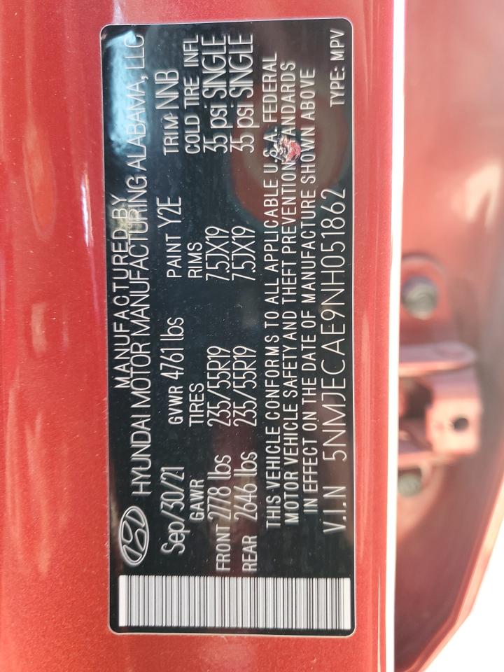 2022 Hyundai Tucson VIN 5NMJECAE9NH051862 Copart auction photo, front end / side damage thumbnail 13