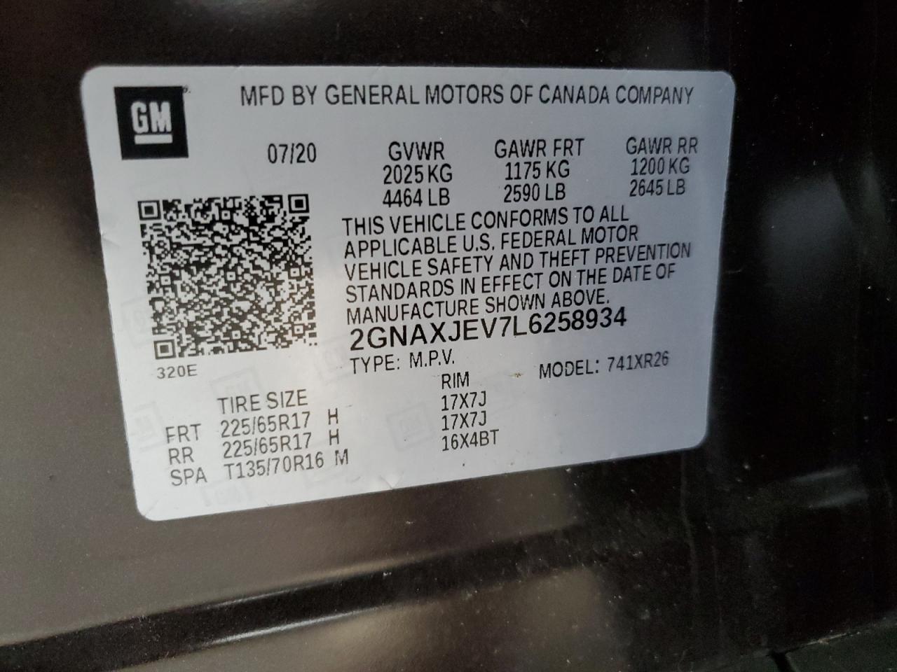 2020 Chevrolet Equinox VIN 2GNAXJEV7L6258934 Copart auction photo, front end damage thumbnail 14