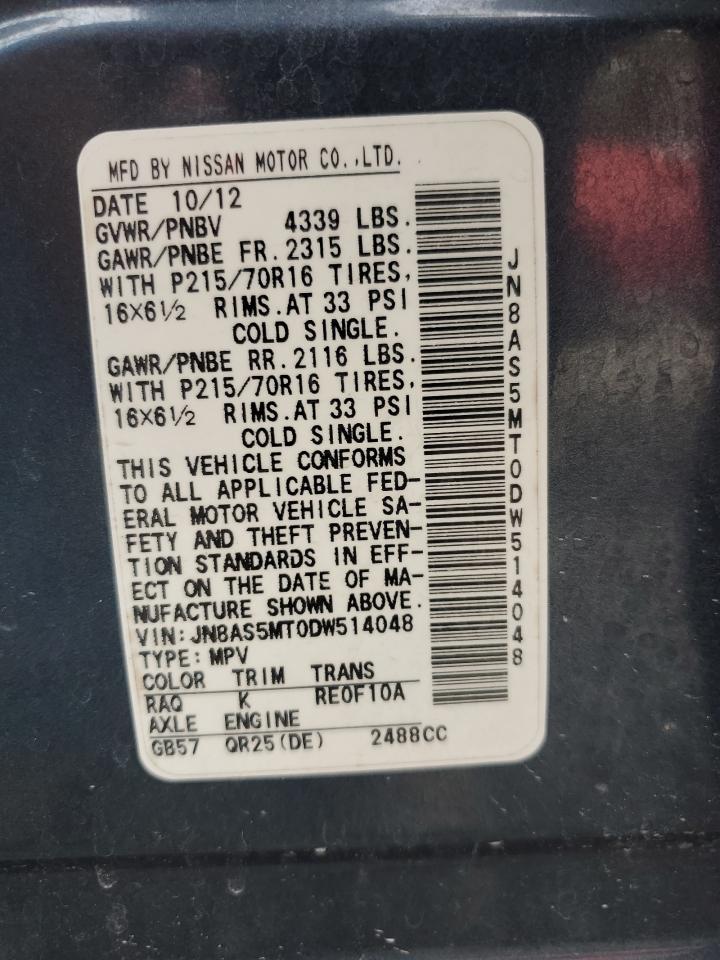 2013 Nissan Rogue VIN JN8AS5MT0DW514048 Copart auction photo, front end damage thumbnail 13