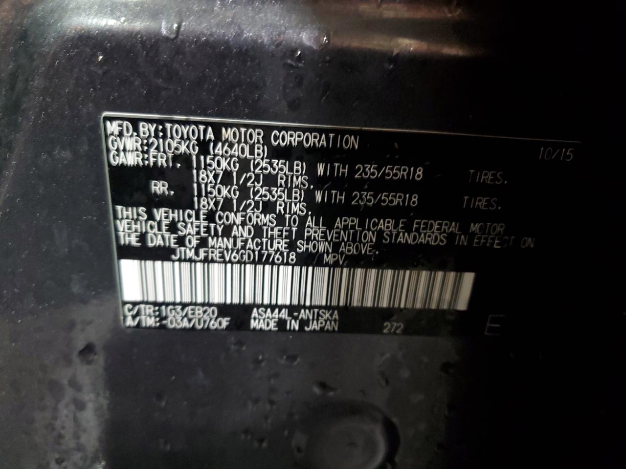 2016 Toyota RAV 4 VIN JTMJFREV6GD177618 Copart auction photo, rear end / front end damage thumbnail 14