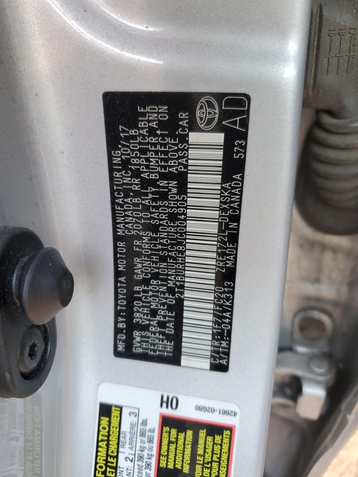 2018 Toyota Corolla VIN 2T1BURHE8JC004905 Copart auction photo, front end damage thumbnail 12