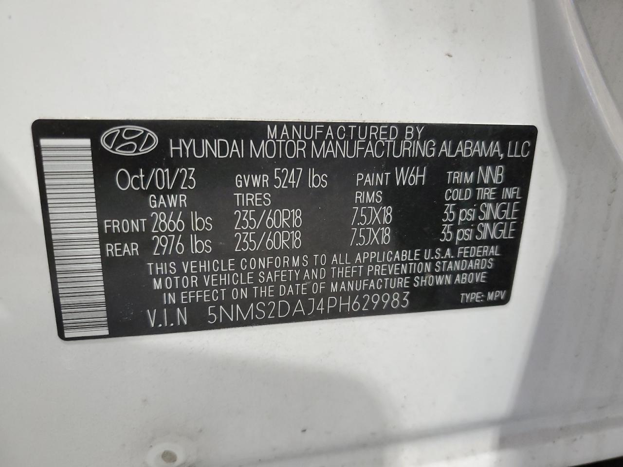 2023 Hyundai Santa Fe VIN 5NMS2DAJ4PH629983 Copart auction photo, front end damage thumbnail 13