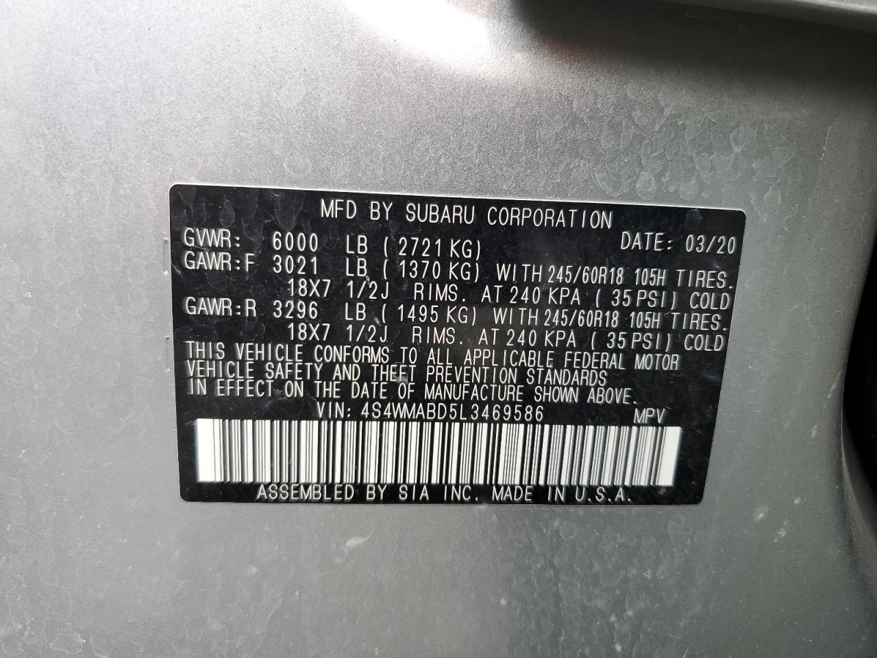 2020 Subaru Ascent VIN 4S4WMABD5L3469586 Copart auction photo, front end / undercarriage damage thumbnail 13