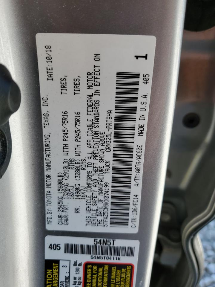2019 Toyota Tacoma VIN 5TFAZ5CN9KX074199 Copart auction photo, side / undercarriage damage thumbnail 12