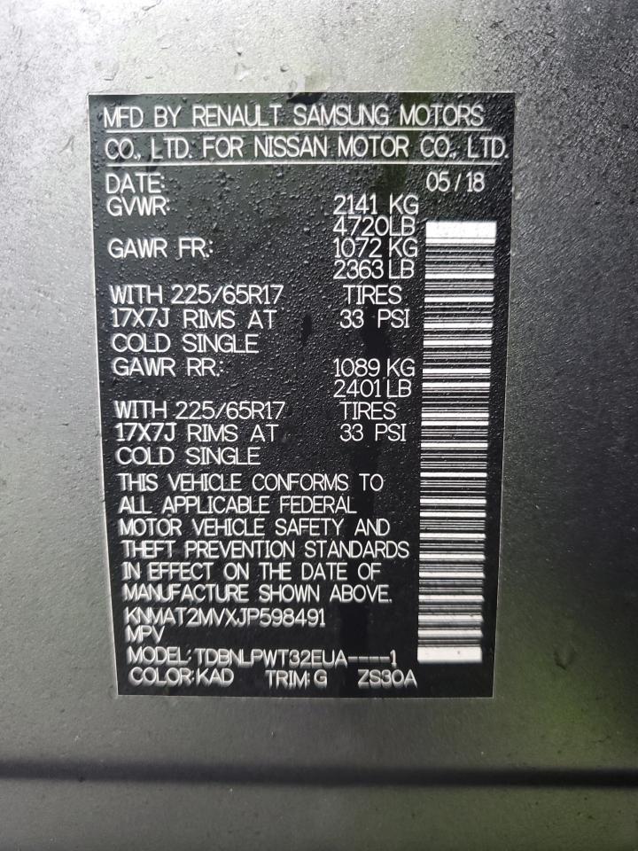 2018 Nissan Rogue VIN KNMAT2MVXJP598491 Copart auction photo, front end / side damage thumbnail 15