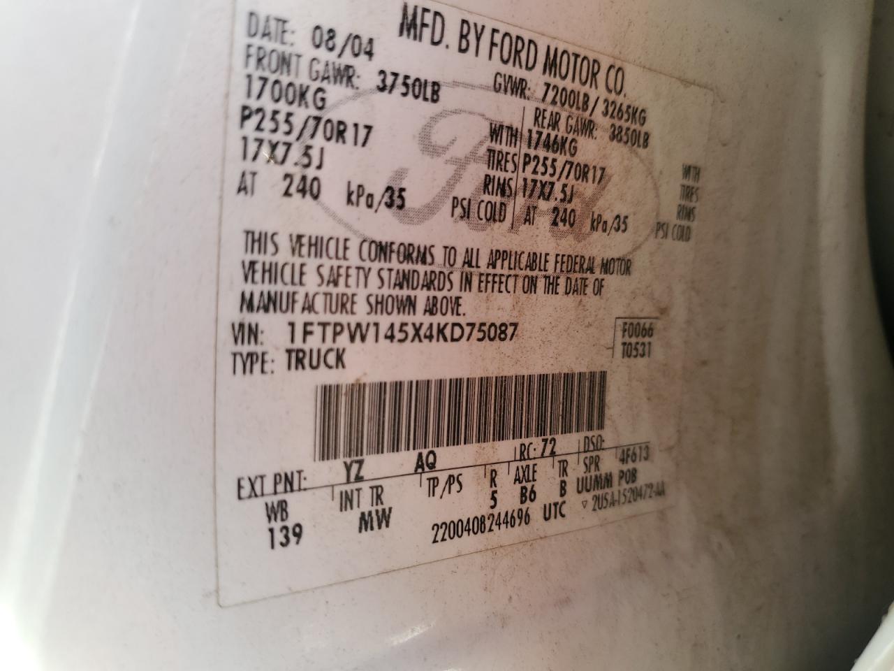 2004 Ford F-150 VIN 1FTPW145X4KD75087 Copart auction photo, front end damage thumbnail 14