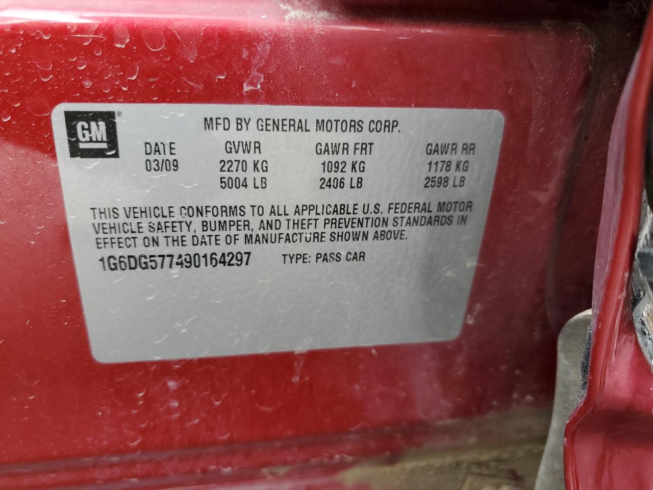 2009 Cadillac CTS VIN 1G6DG577490164297 Copart auction photo, side / rear end damage thumbnail 12
