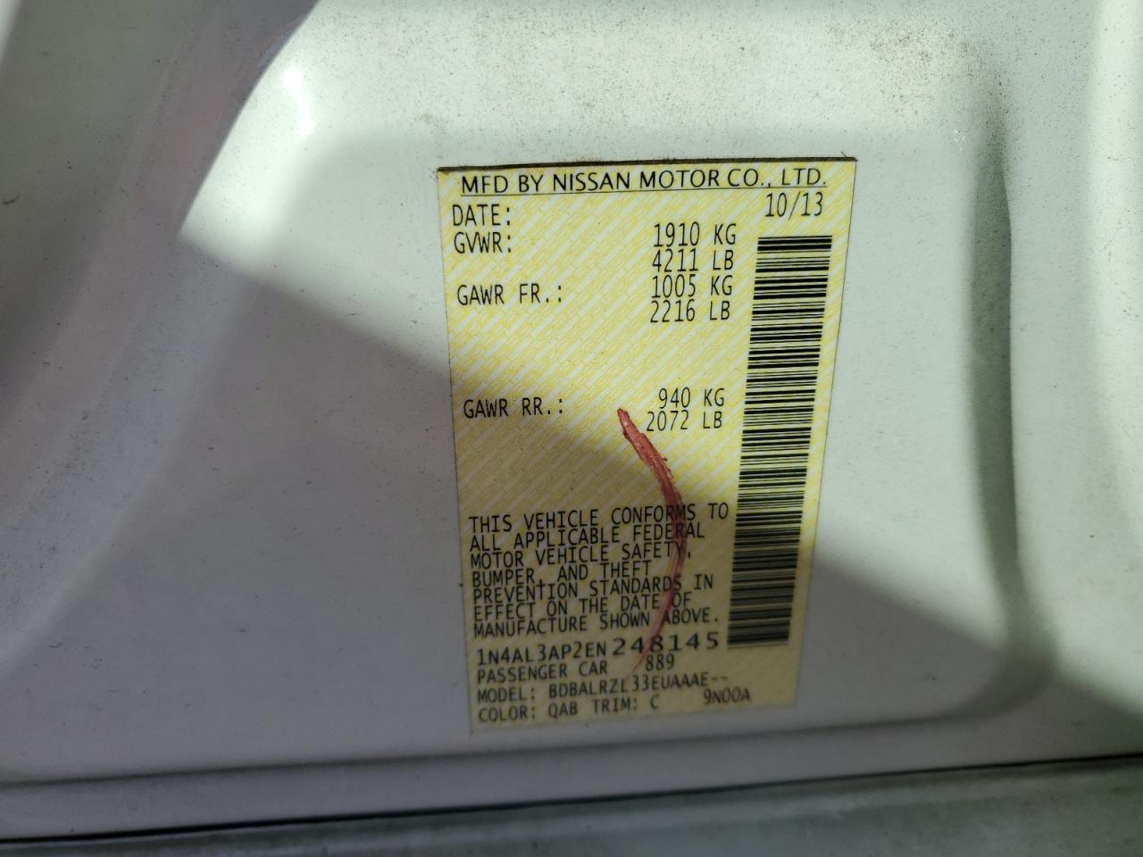 2014 Nissan Altima VIN 1N4AL3AP2EN248145 Copart auction photo, water/flood damage thumbnail 13