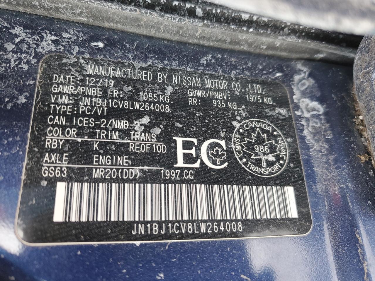 2020 Nissan Rogue VIN JN1BJ1CV8LW264008 Copart auction photo, front end / side damage thumbnail 12