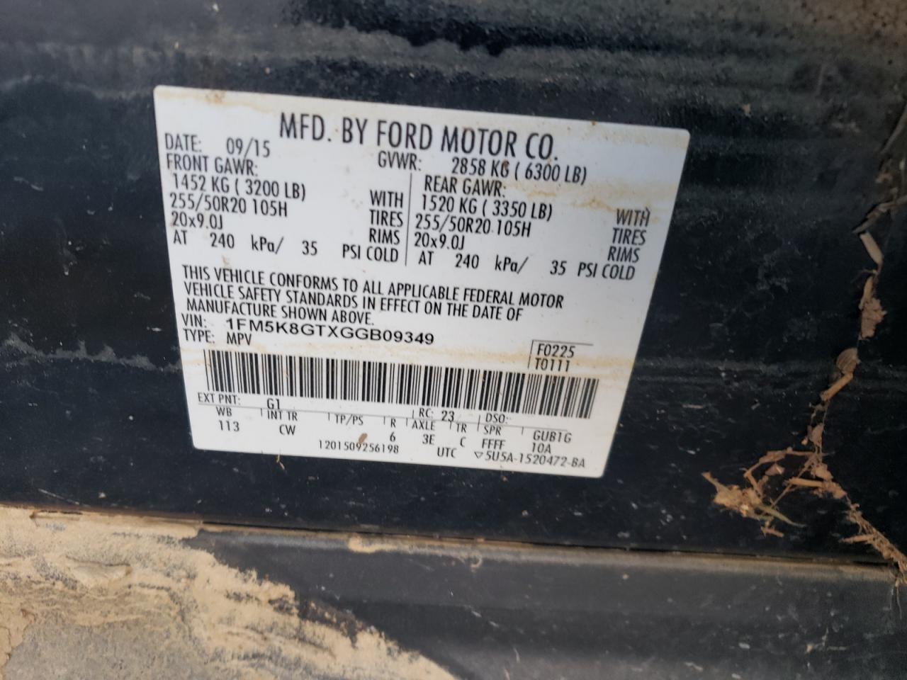 2016 Ford Explorer VIN 1FM5K8GTXGGB09349 Copart auction photo, water/flood damage thumbnail 14