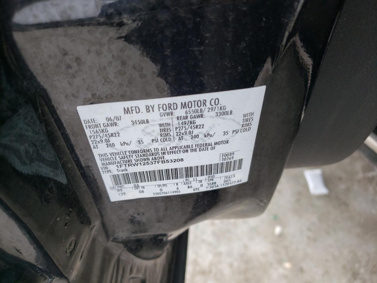 2007 Ford F-150 VIN 1FTRW12537FB53208 Copart auction photo, front end / side damage thumbnail 12