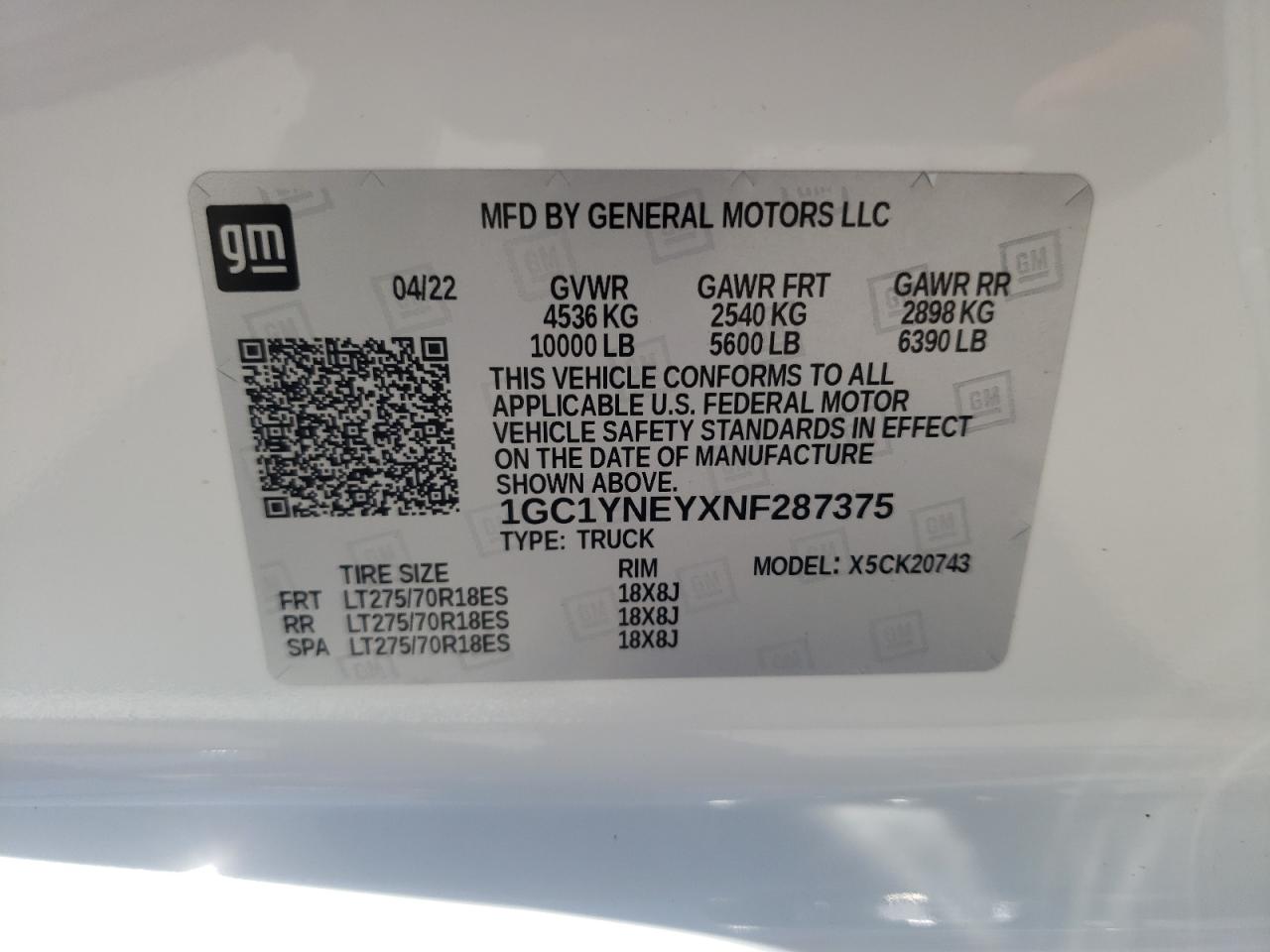 2022 Chevrolet Silverado VIN 1GC1YNEYXNF287375 Copart auction photo, water/flood / front end damage thumbnail 12