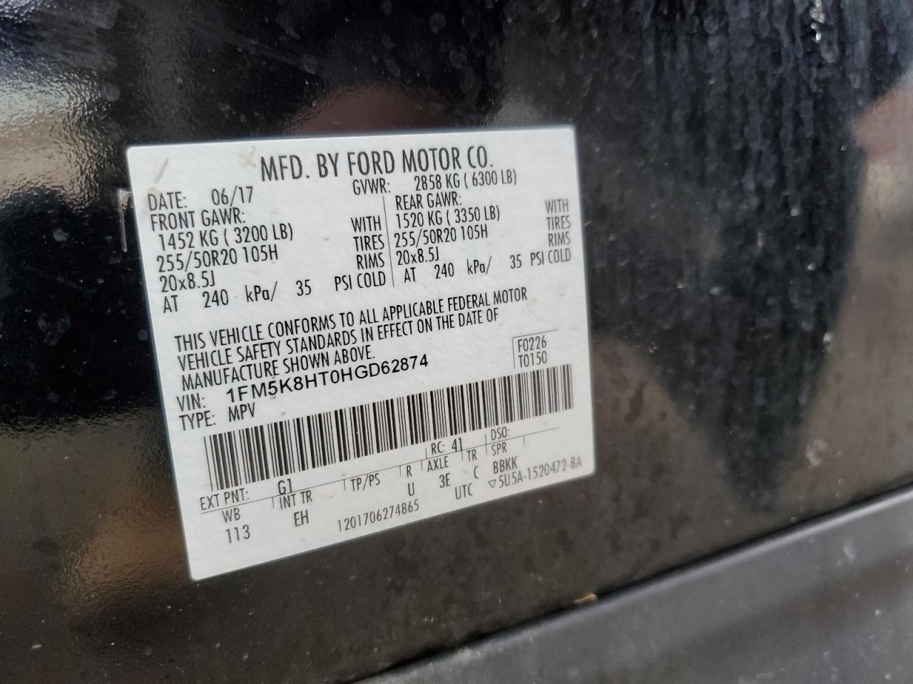 2017 Ford Explorer VIN 1FM5K8HT0HGD62874 Copart auction photo, front end damage thumbnail 14