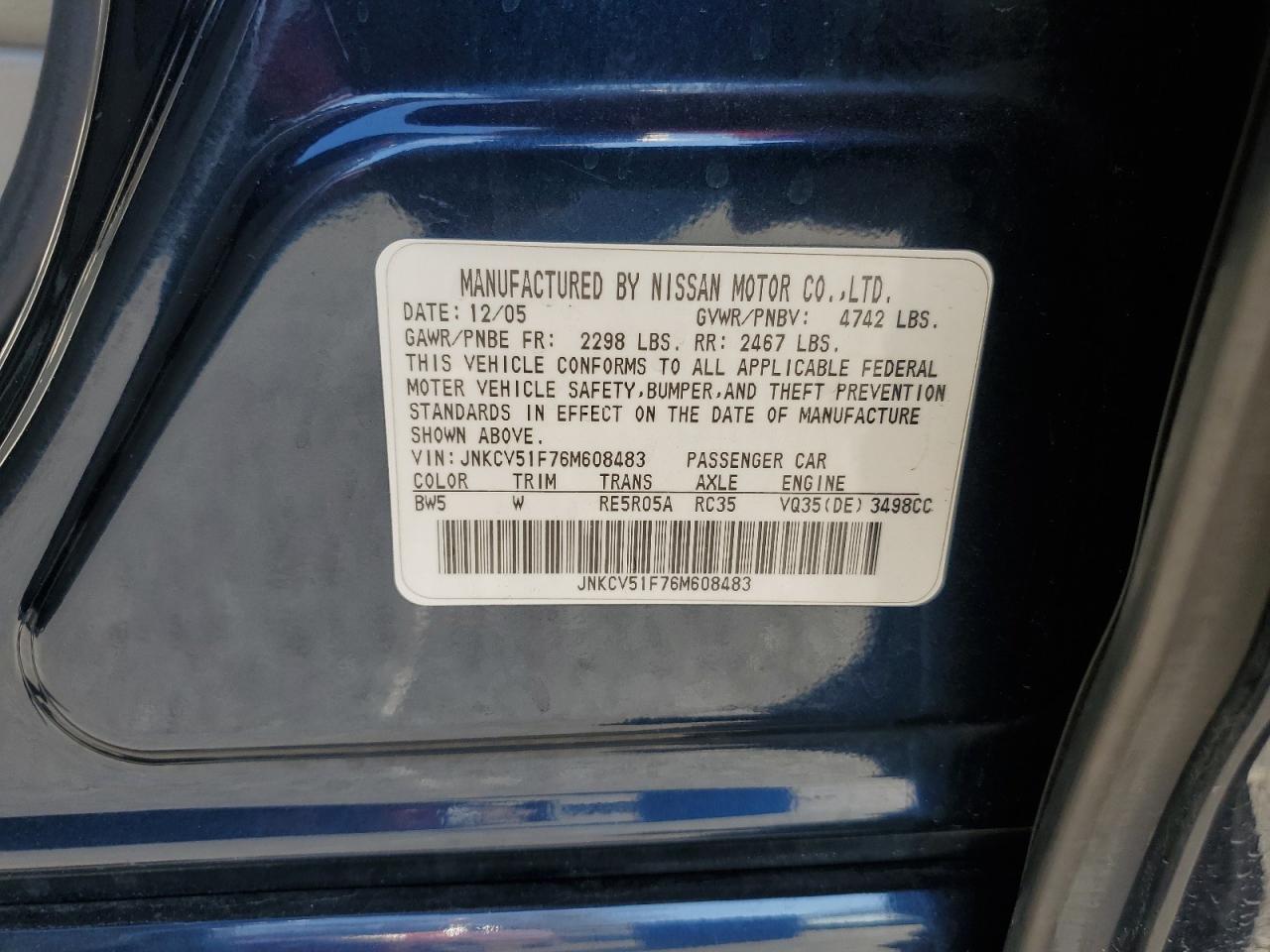 2006 Infiniti G VIN JNKCV51F76M608483 Copart auction photo, rear end / side damage thumbnail 14
