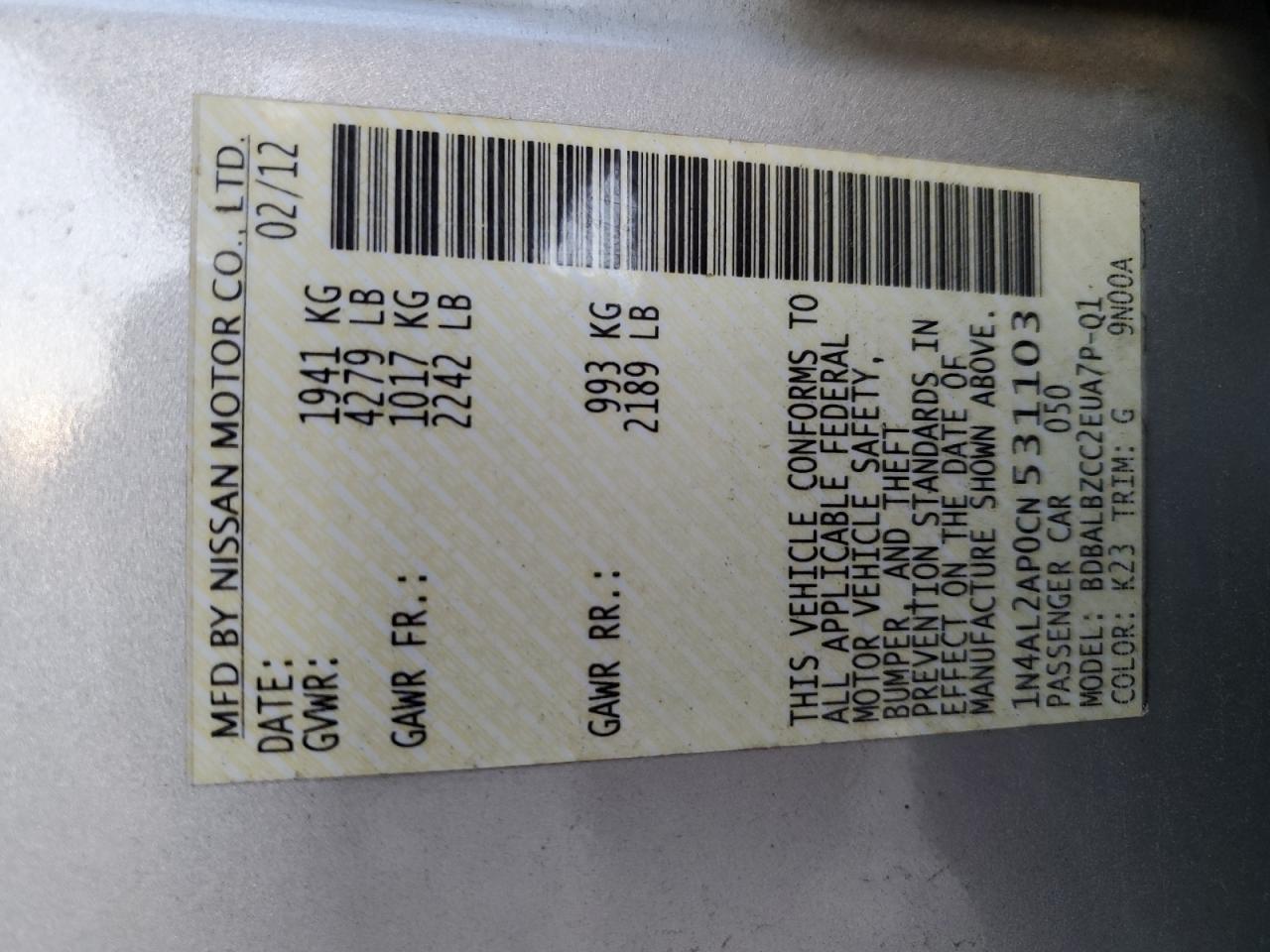 2012 Nissan Altima VIN 1N4AL2AP0CN531103 Copart auction photo, front end damage thumbnail 14