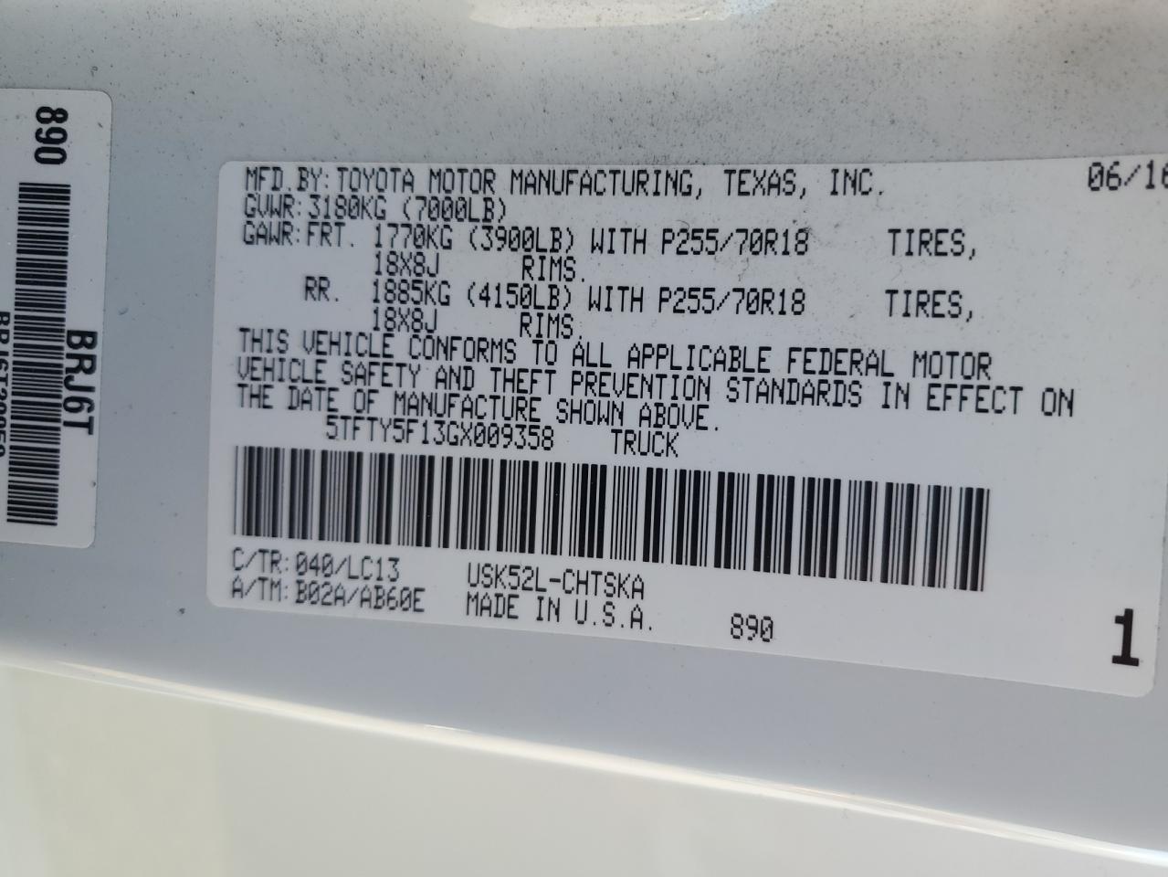 2016 Toyota Tundra VIN 5TFTY5F13GX009358 Copart auction photo, rear end damage thumbnail 14