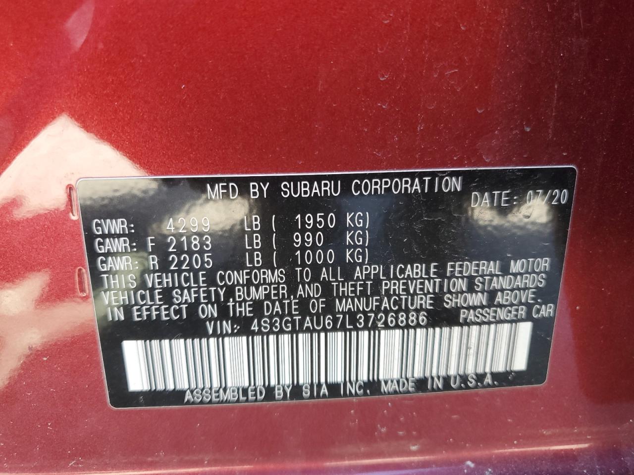 2020 Subaru Impreza VIN 4S3GTAU67L3726886 Copart auction photo, rear end damage thumbnail 13