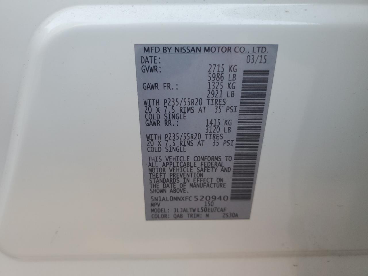 2015 Infiniti QX60 VIN 5N1AL0MNXFC520940 Copart auction photo, front end damage thumbnail 14