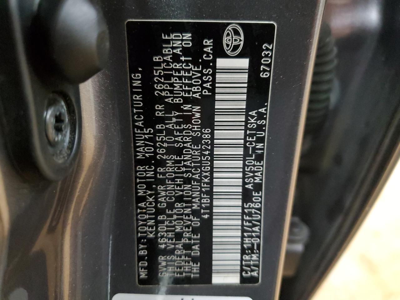 2016 Toyota Camry VIN 4T1BF1FKXGU542386 Copart auction photo, front end damage thumbnail 14