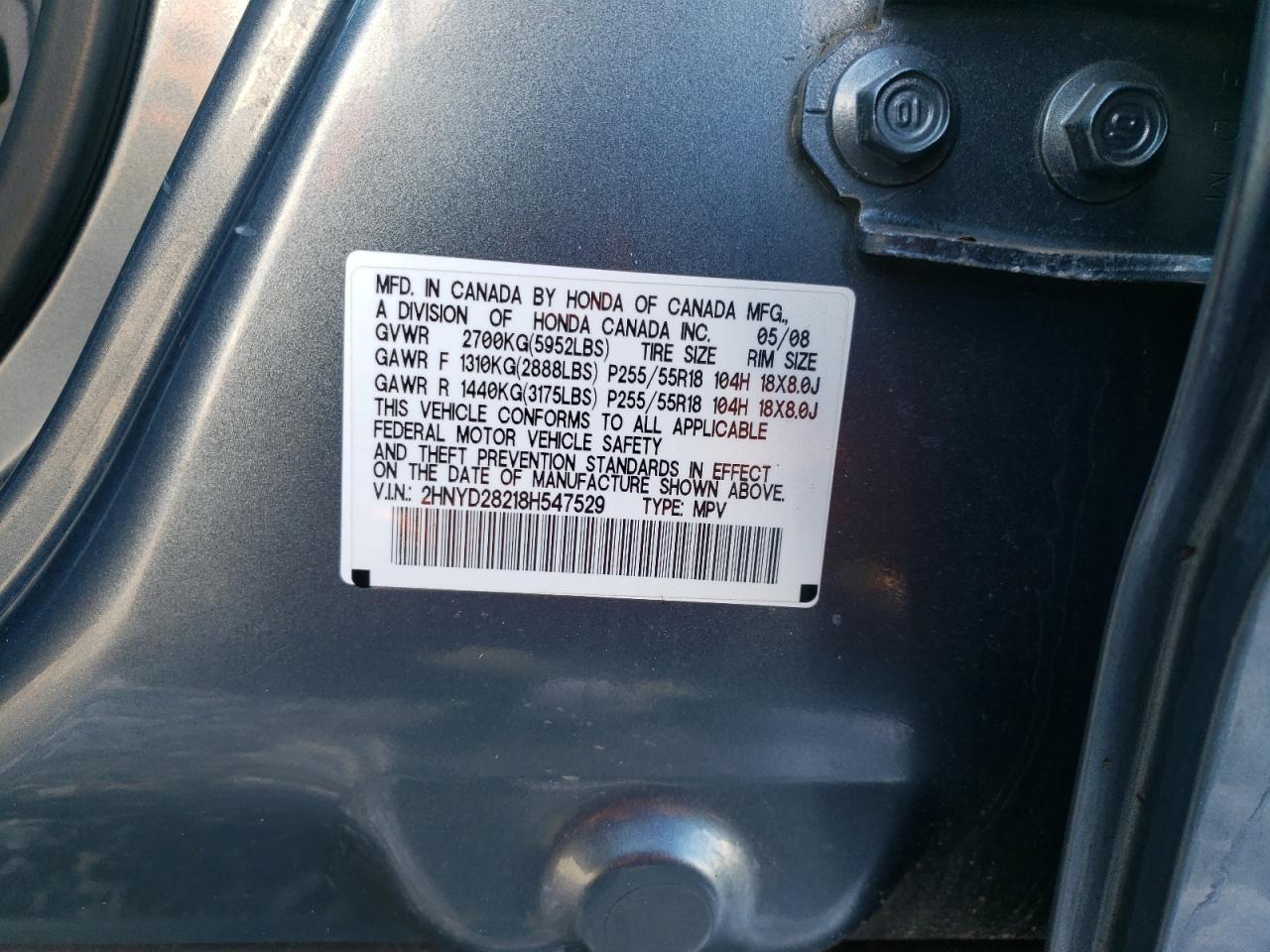 2008 Acura MDX VIN 2HNYD28218H547529 Copart auction photo, front end / side damage thumbnail 15